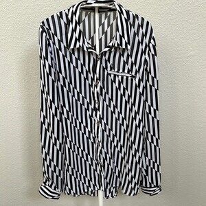 Volcom Size Medium Black White Sheer Blouse Striped Button Down Top Lightweight
